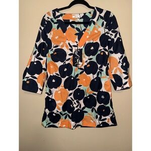 Tyler Boe Preppy Women Floral Lace Up Tunic Mini Navy Orange 3/4 Sleeve Cotton 6